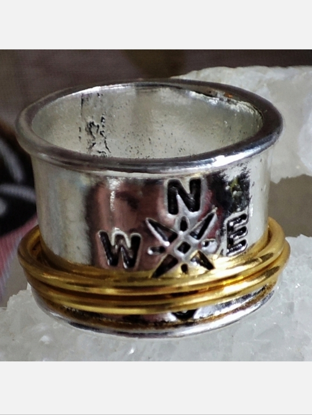 COMPASS Silver Tone & Gold Tone 10 Fidget Wide Band Ring Unisex NEW